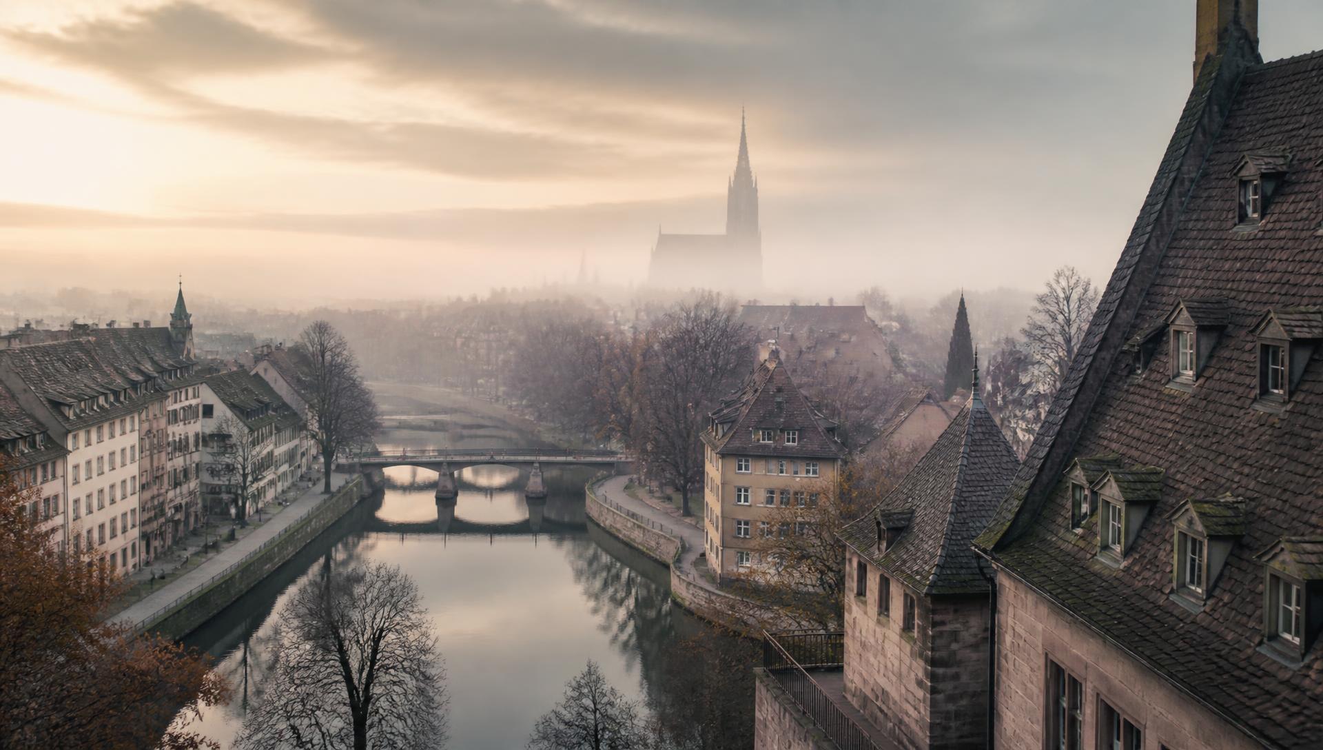 Vue du centre historique de Strasbourg au petit matin